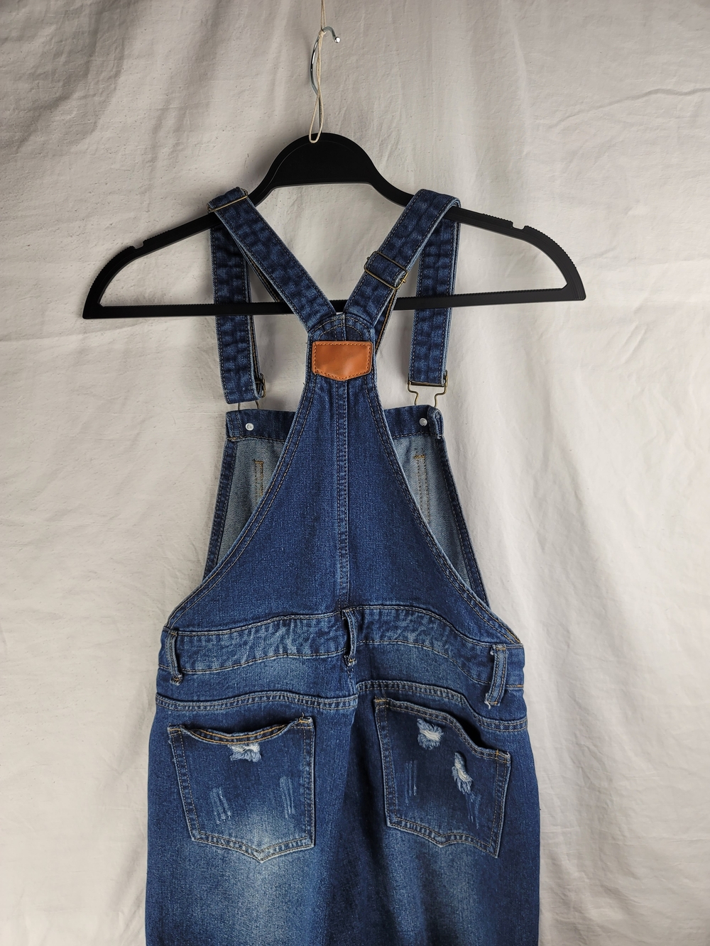 Dark Blue Distressed Women's Denim Overalls with Adjustable Straps - Picture 5 of 9